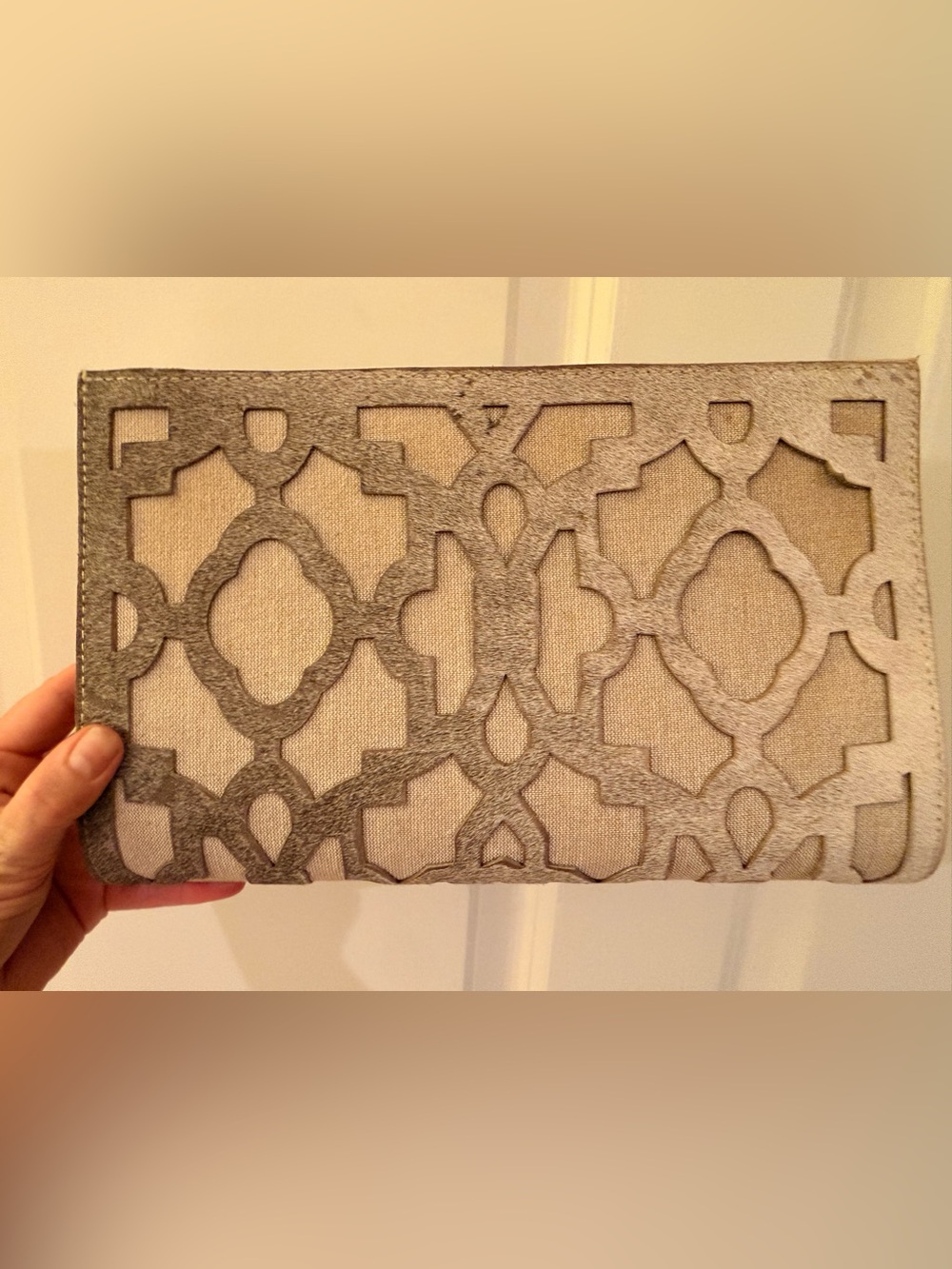 Piper Neutral Beige and Gray Cutout Pattern Clutch